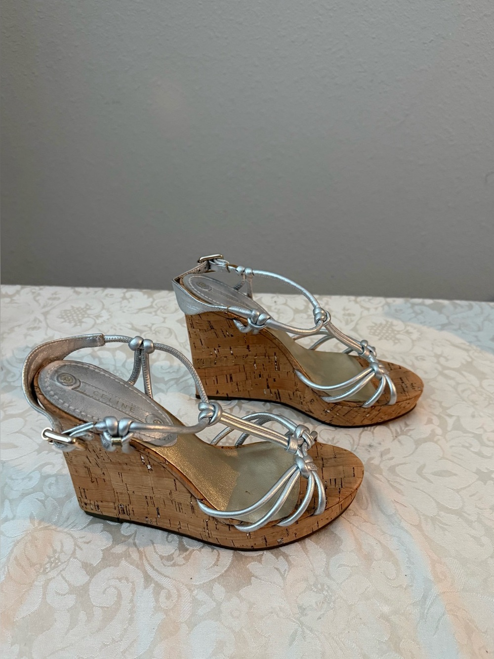 Stunning Celine Silver Metallic Cork Wedge Sandals EU 38 New No Box - Picture 7 of 14